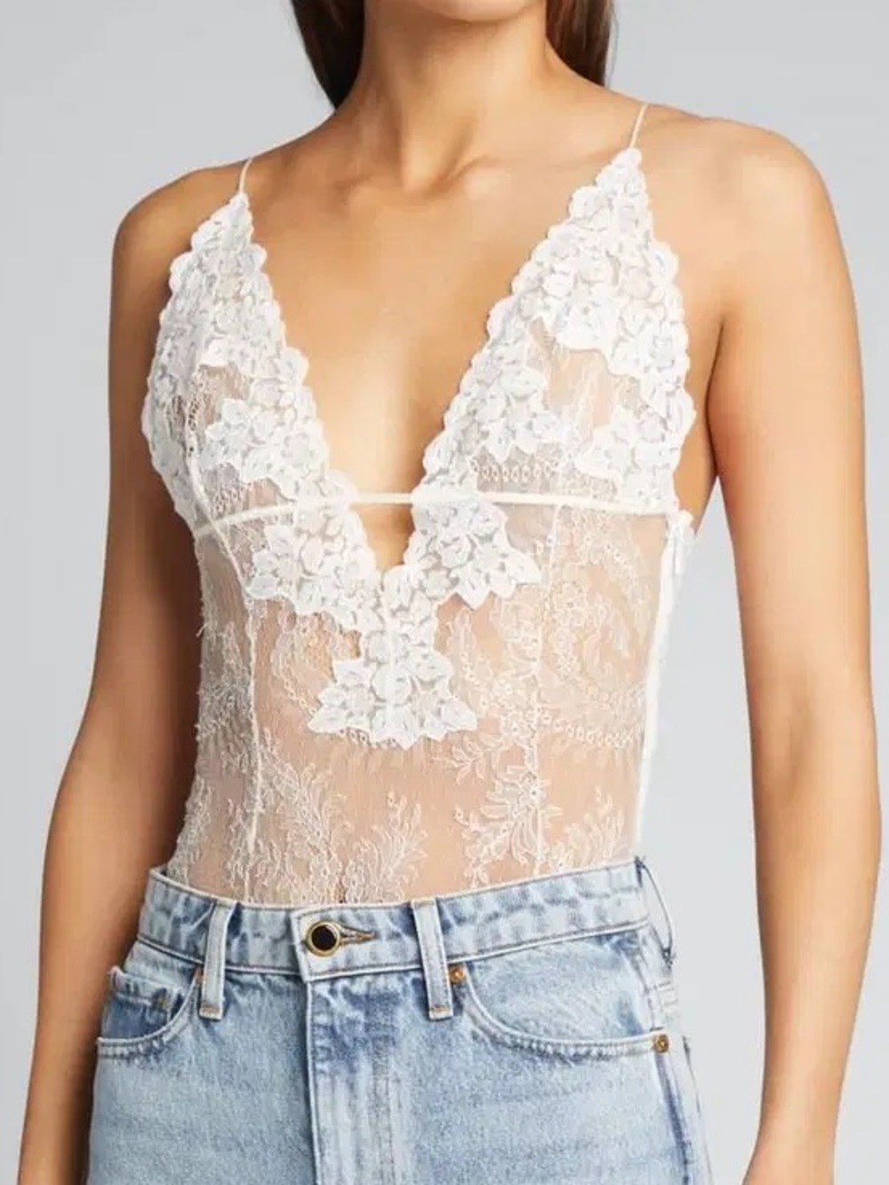 Saint Laurent Cream Lace Bodysuit YSL Plunging V-Neck F42 NWT RARE